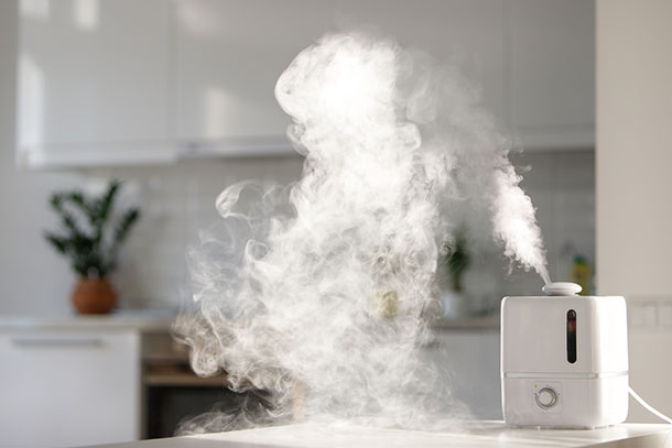 キッチンにある蒸気を出した加湿器